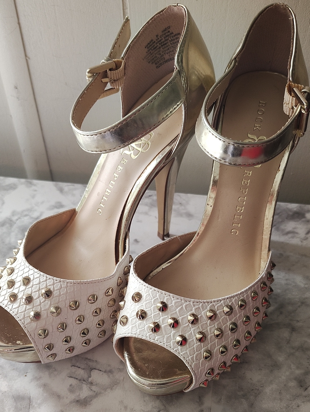 Rock & Republic Gold and White Studded Peep-Toe Heels